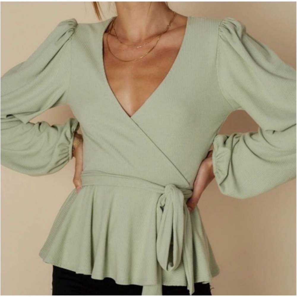 2 LEFT! Light Green Surplice Neckline Peplum Style Women's Fall Blouse Top - Picture 2 of 4